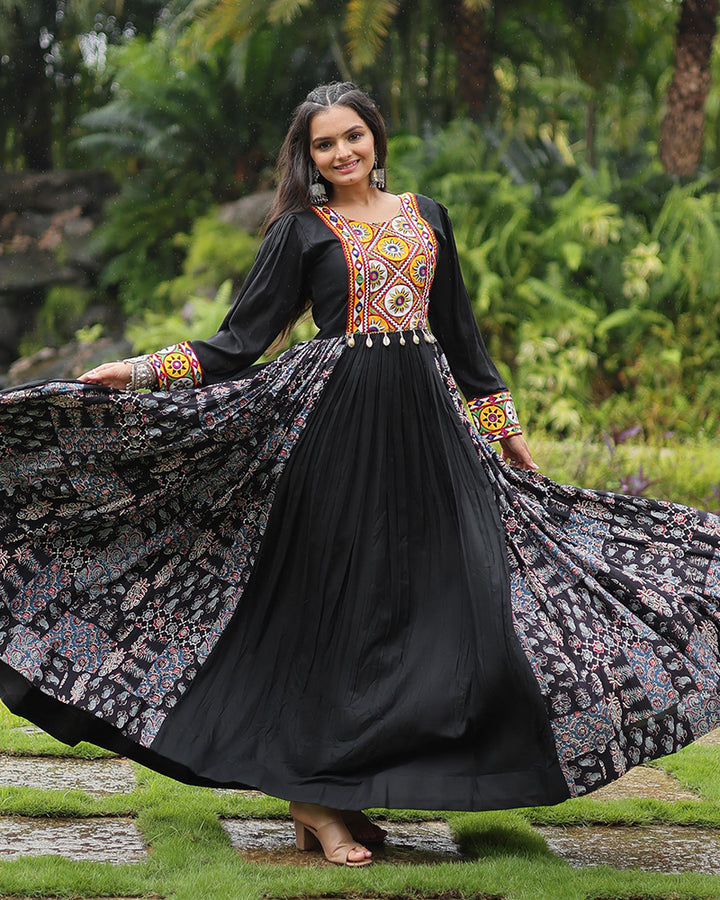 Black Color Rayon Gamthi Work Navratri Gown