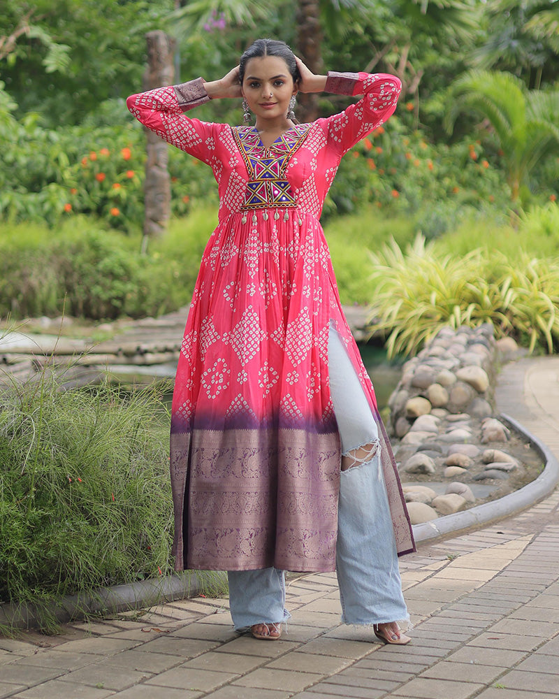 Pink Color Cotton Printed Navratri Kurti