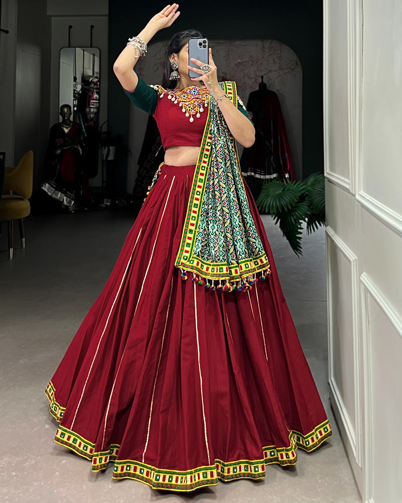 Maroon Color Cotton Real Mirror Navratri Lehenga Choli