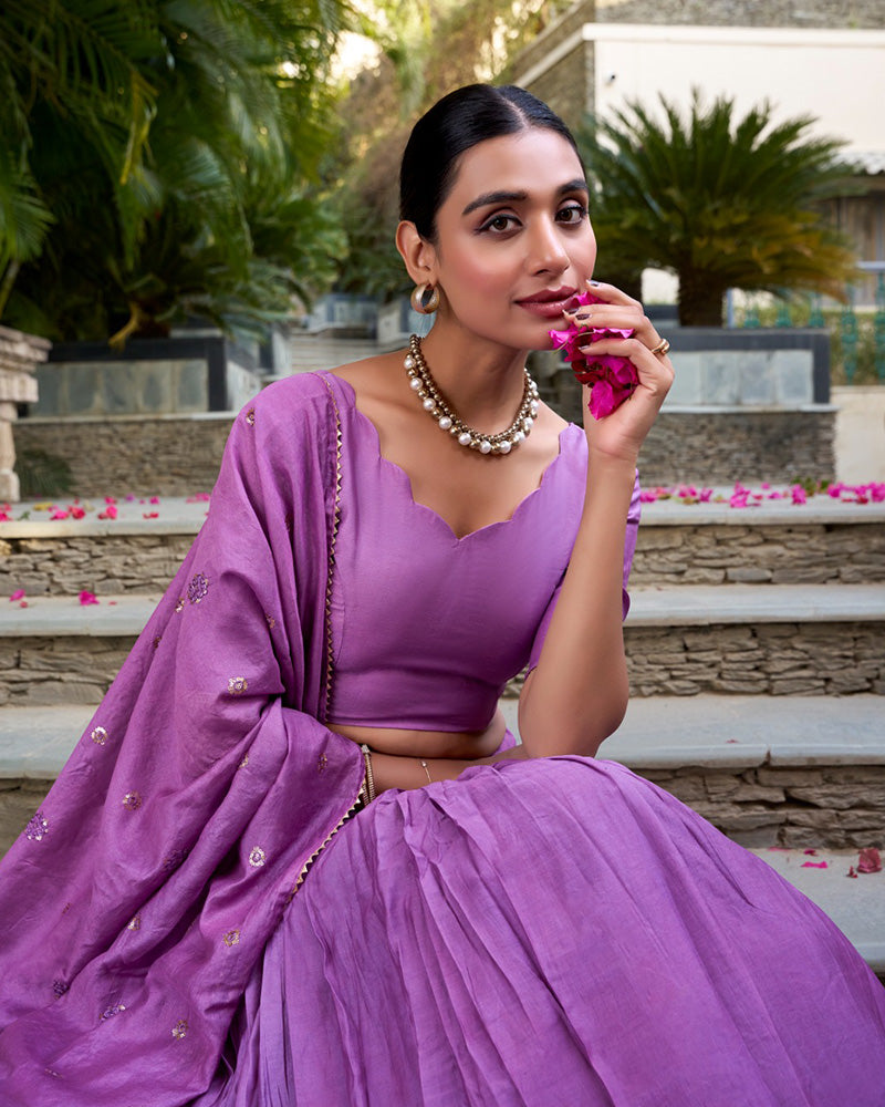 Purple Color Pure Chanderi Plain Navratri Half Saree