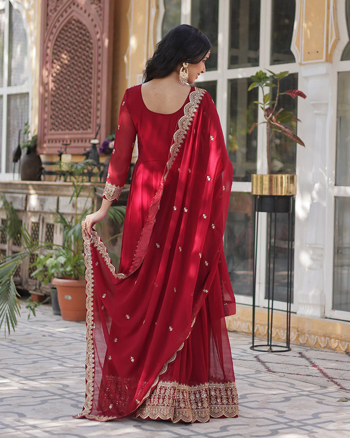 Ruby Red Color Faux Blooming Embroidered Gown