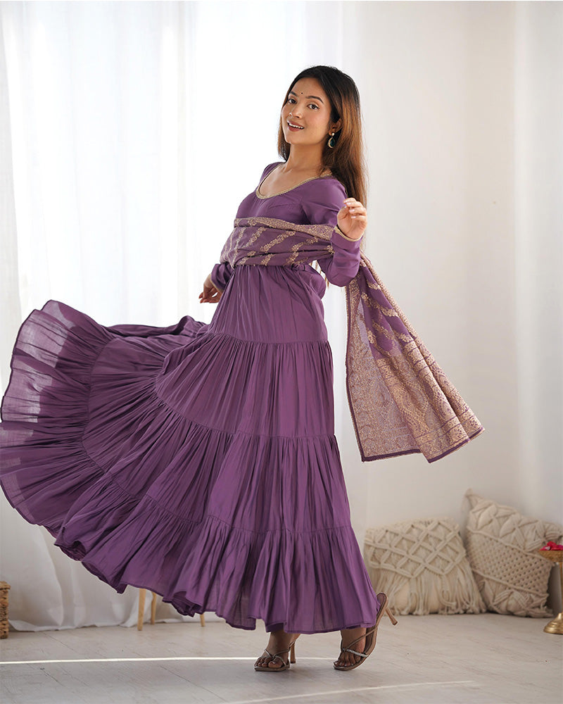 Dusty Purple Color Pure Roman Silk Ruffle Style Anarkali Suit