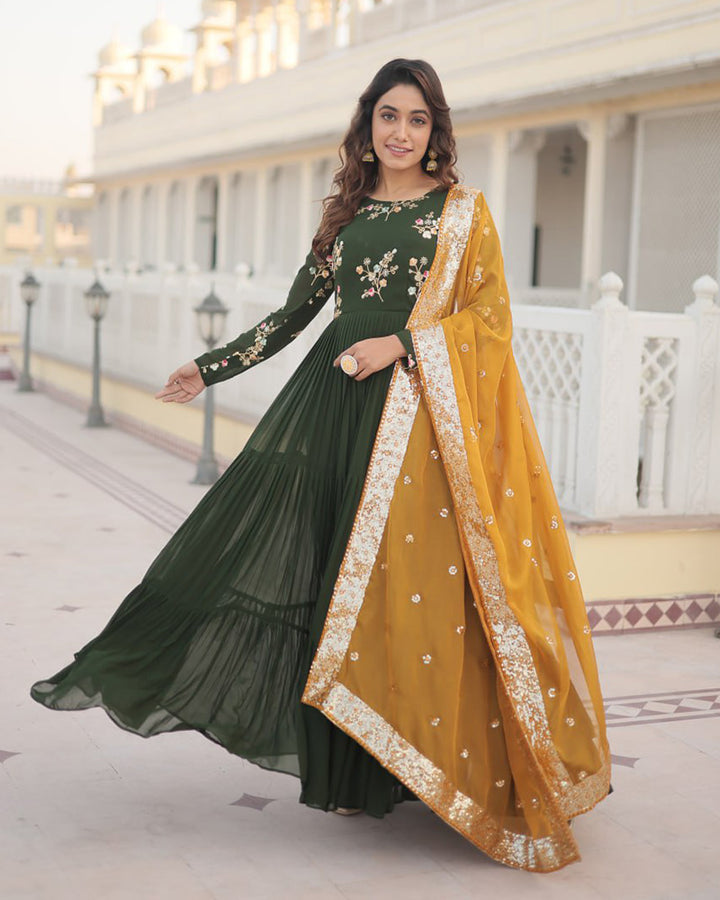 Mehndi Color Three layer Georgette Gown With Russian Silk Dupatta