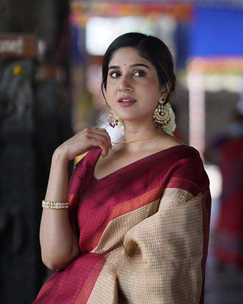 Red And Cream color banarasi Soft Silk Saree