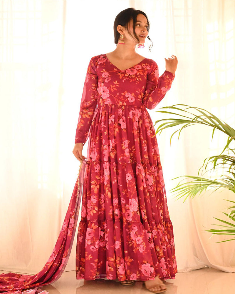 Beautiful Rose Pink Color Three Layer Georgette Printed Gown