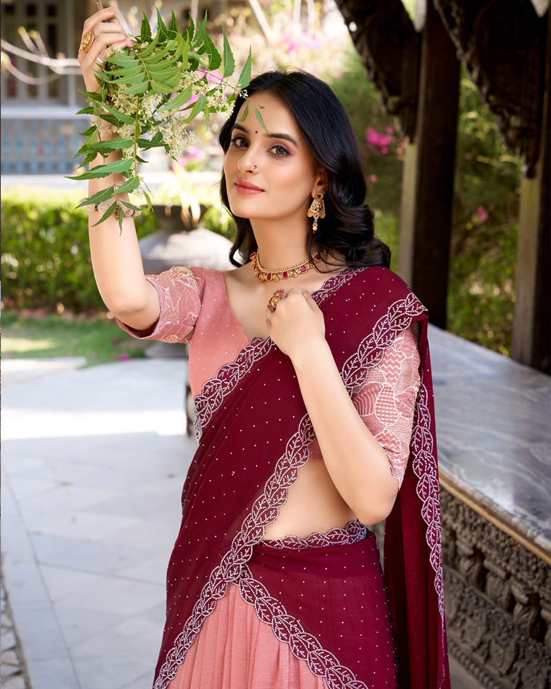 Peach Color Silver Glossy Embroidered Lehenga Choli