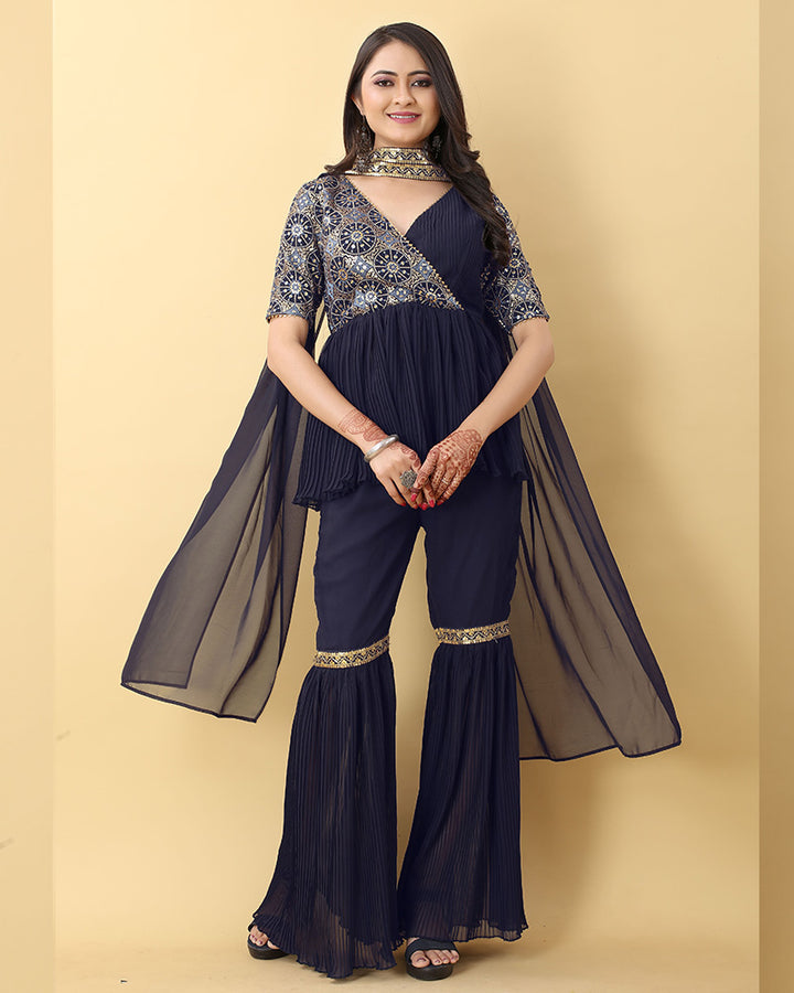 Navy Blue Color Georgette Embroidery work Three Piece Sharara Suit