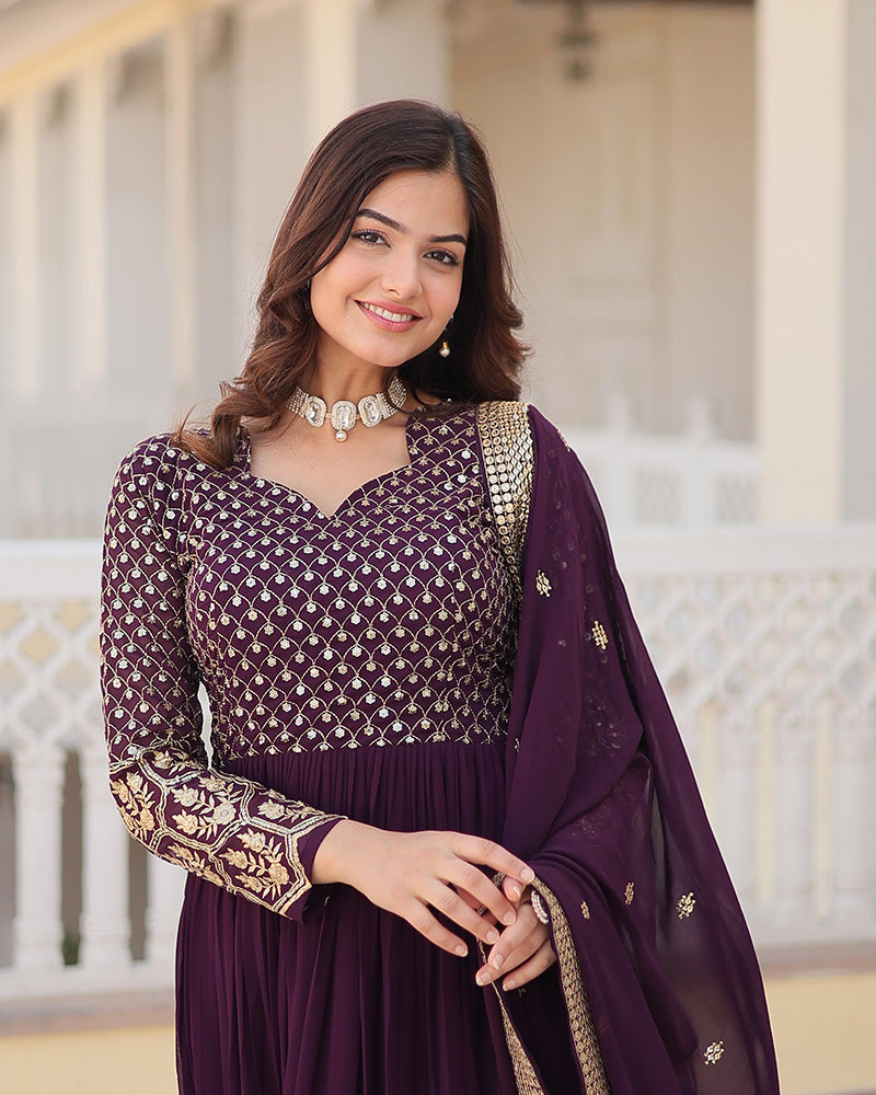 Wine Color Faux Blooming Gown With Sequins Embroidered Dupatta