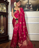 Rani Pink Color Big Flower Design Banarasi Soft Silk Saree