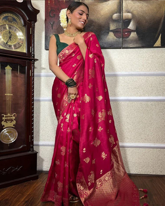 Rani Pink Color Big Flower Design Banarasi Soft Silk Saree