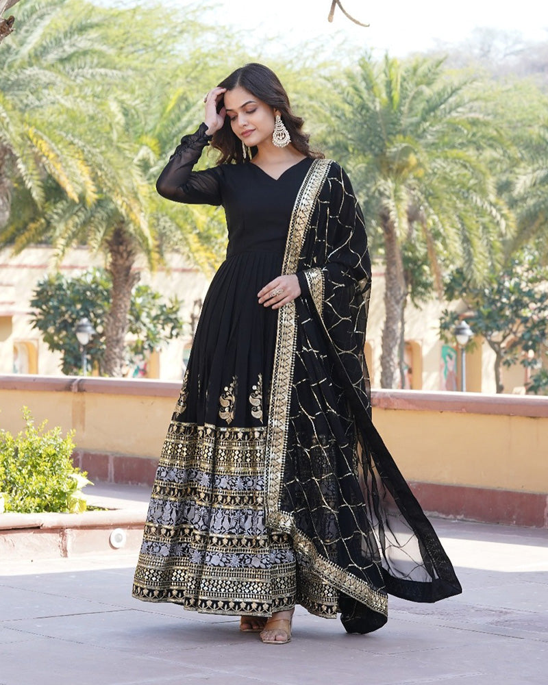 New Design Black Color Faux Blooming Zari And Sequence Embroidered Gown