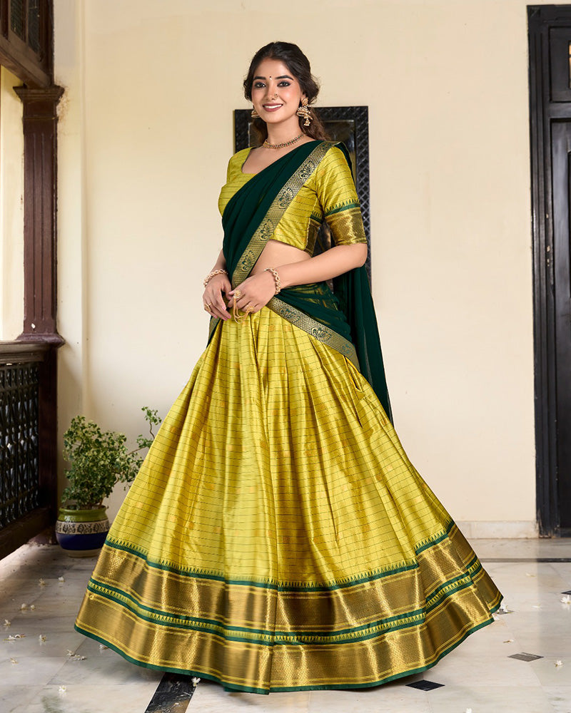Parrot Green Color Cotton Silk Designer Half Saree