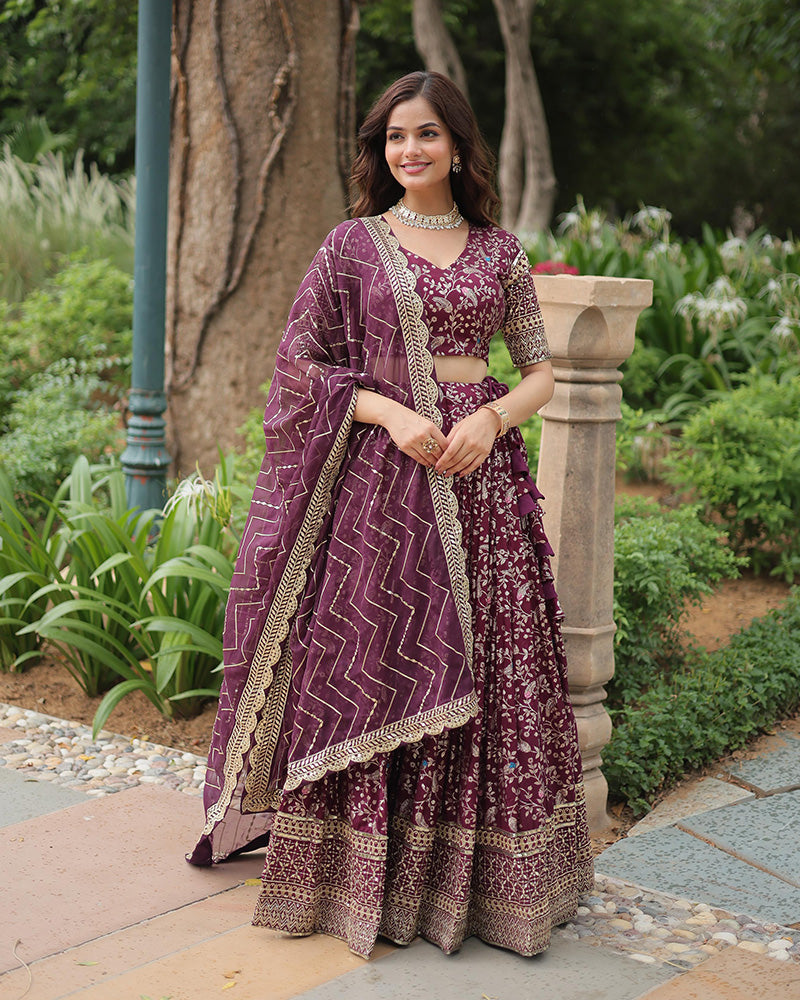 Wine Color Pure Viscose Jacquard Lehenga Choli