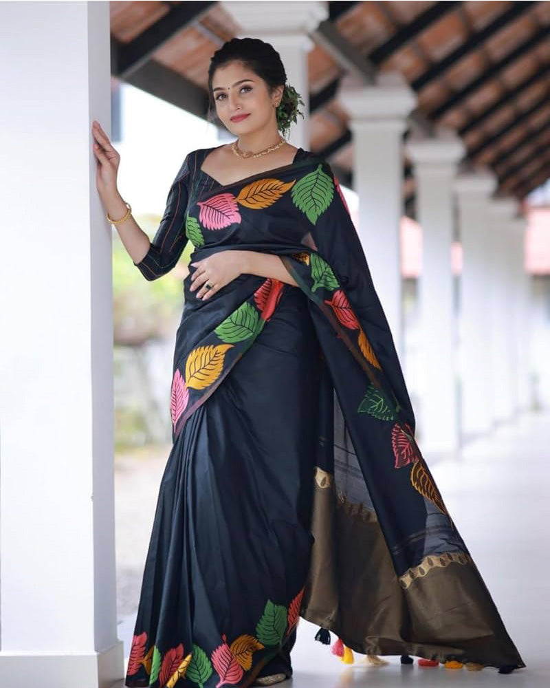 Black Color Banarasi Soft Silk Saree