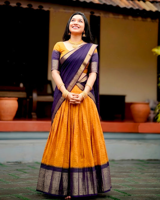 Mustard Color Dola Chex Zari Weaving Half Saree