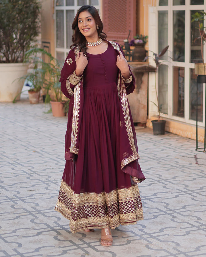 Royal Maroon Color Faux Blooming Zari Embroidered Work Gown