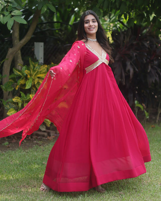 Wedding Wear Embroidered Rani Pink Color Alia Cut Gown With Dupatta