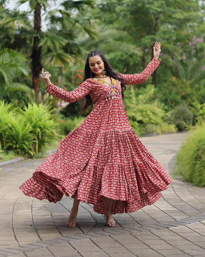 Maroon  Color Cotton Gamthi Work Navratri Gown