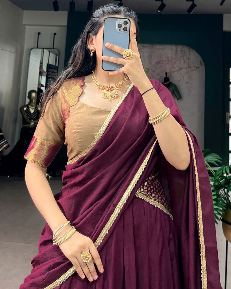 Wine Color Pure Chanderi Zari Weaving Lehenga Choli