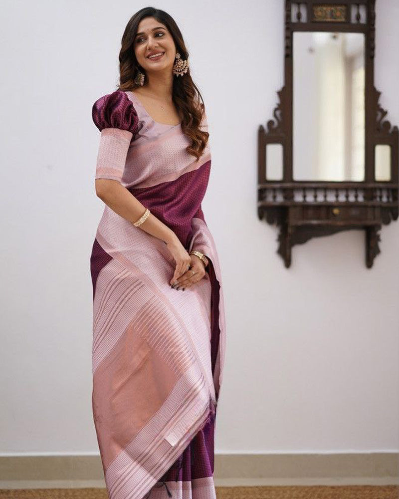Baby Pink And Wine Color Soft Banarasi Silk Saree