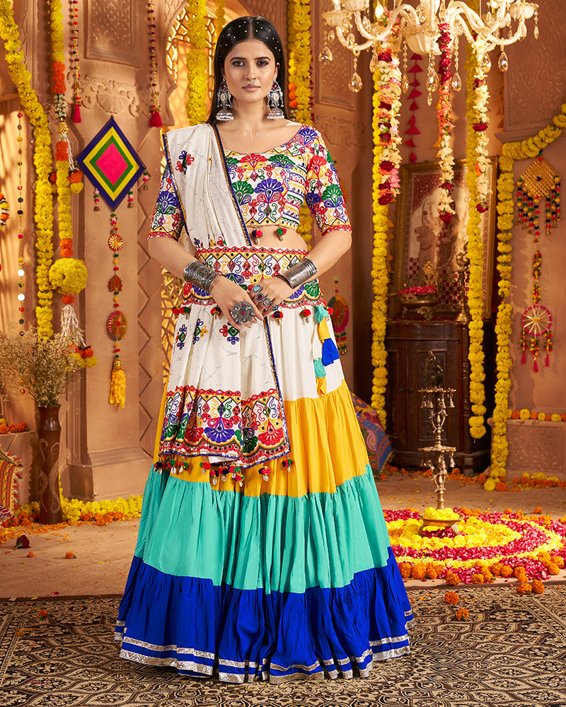 Traditional White Multi Color Thread And Mirror Work Lehenga Choli