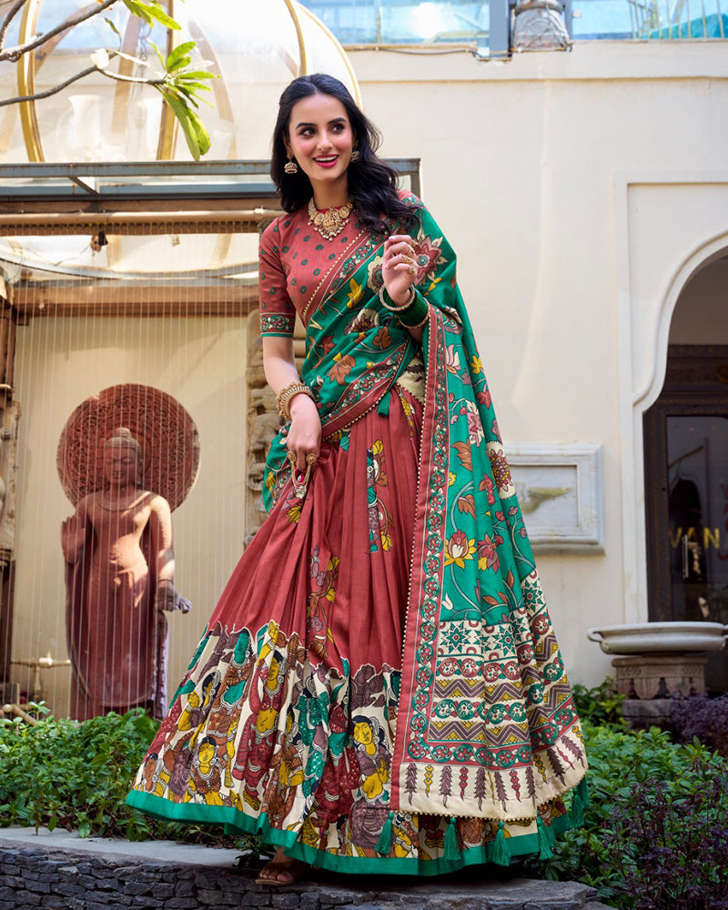 Orange Color Tussar Silk Kalamkari Printed Half Saree