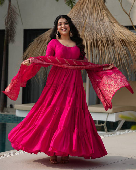 Rani Pink Color Pure Chanderi Silk Frill Style Anarkali Suit