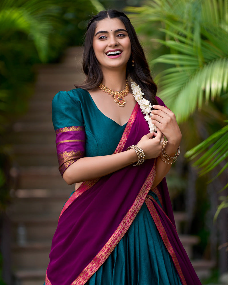 Teal Green Color Poly Cotton Zari Weaving Work Half Saree