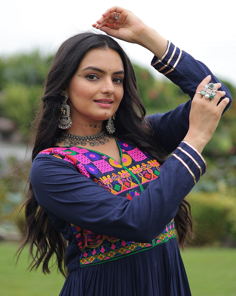 Traditional Navy Blue Kutchi Embroidered Navratri Gown