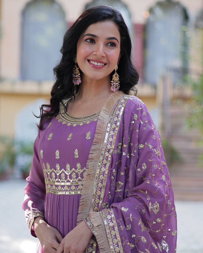 Dusty Mauve Color Star Georgette Gown With Embroidered Dupatta