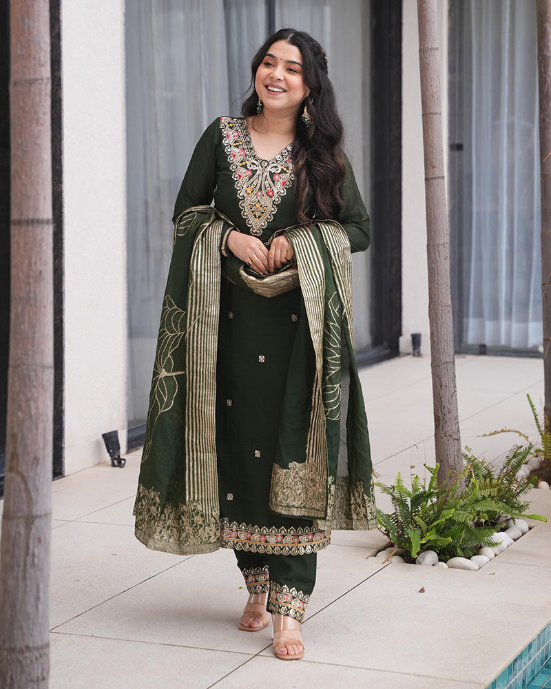 Green Color Roman Silk Embroidered Three Piece Kurti Suit