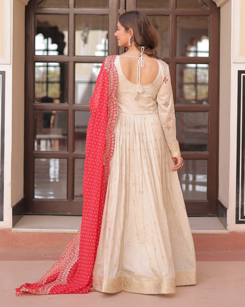 Off-White Color Jacquard Gown With Red Dupatta