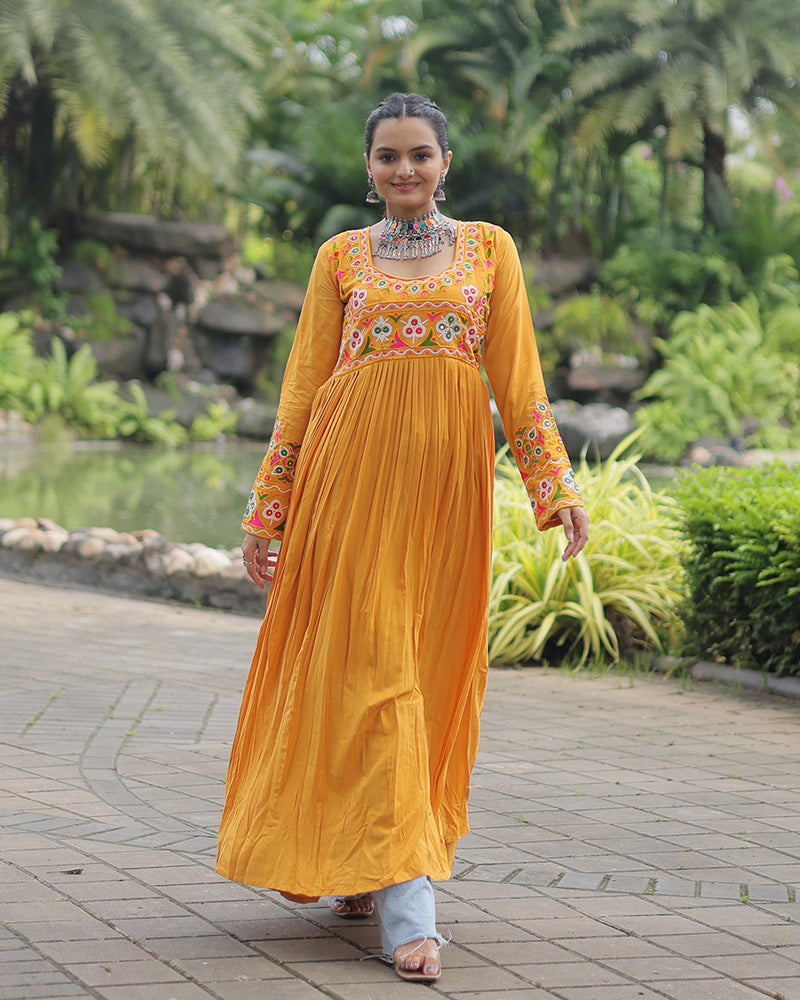 Mustard Color Rayon Gamthi Work Navratri Kurti