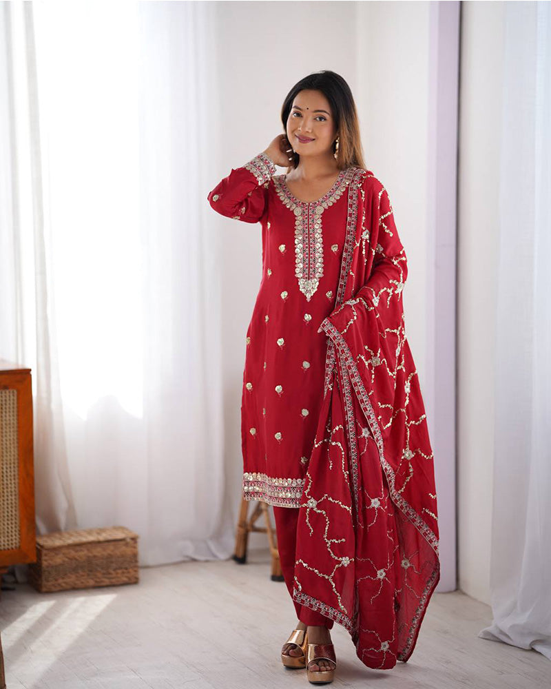 Red Color Chinon Silk Embroidered Three Piece Kurti Suit