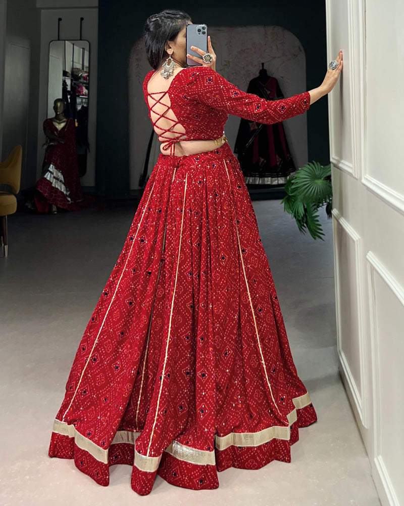 Red Color Rayon Bandhej Print Navratri Lehenga Choli