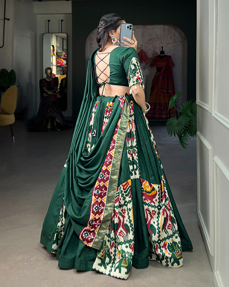 Green Color Rayon Silk Printed Fully Stitched Navratri Lehenga Choli
