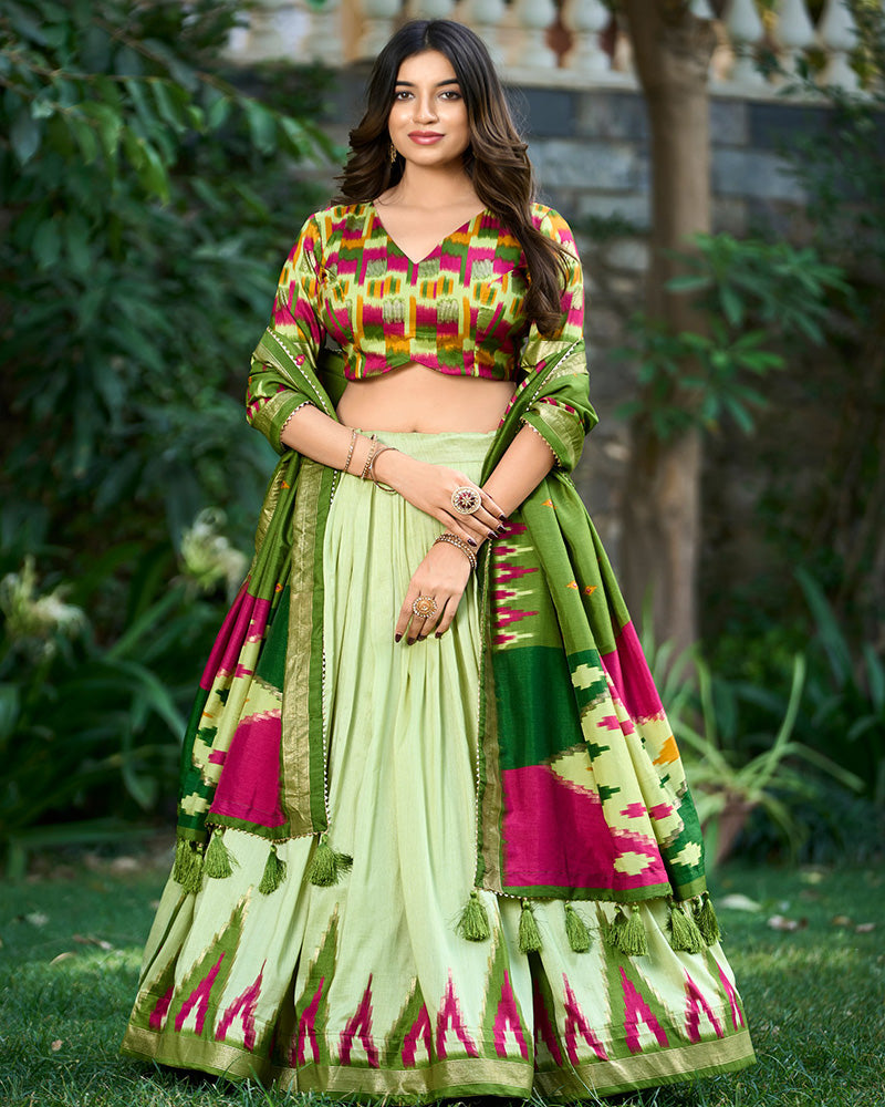 Pista Color Tussar Silk Printed Navratri Lehenga Choli