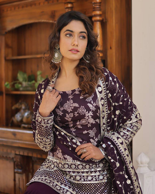Wine Color Three Piece Gharara Suit