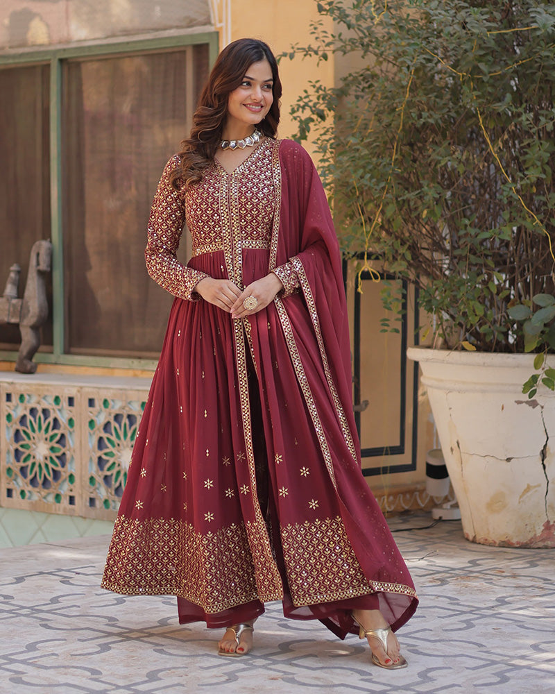 Designer Brown Color Three Piece Sharara Suit