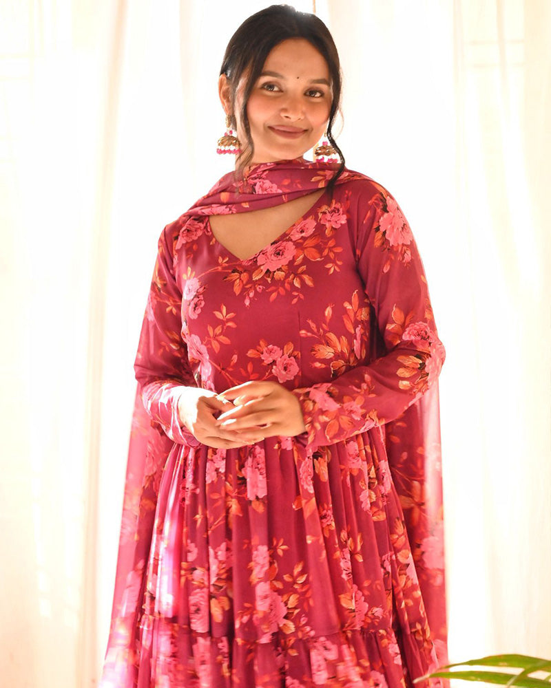 Beautiful Rose Pink Color Three Layer Georgette Printed Gown