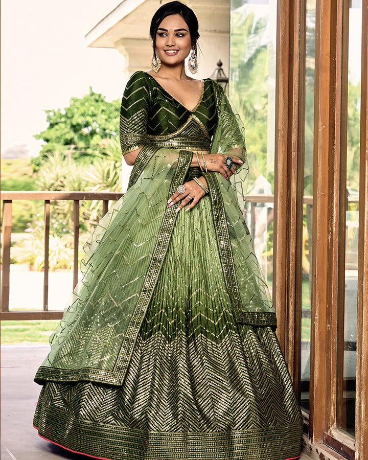 Green Color Chinon Embroidered Lehenga Choli