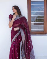 Wine Soft Linen Cotton silk Saree