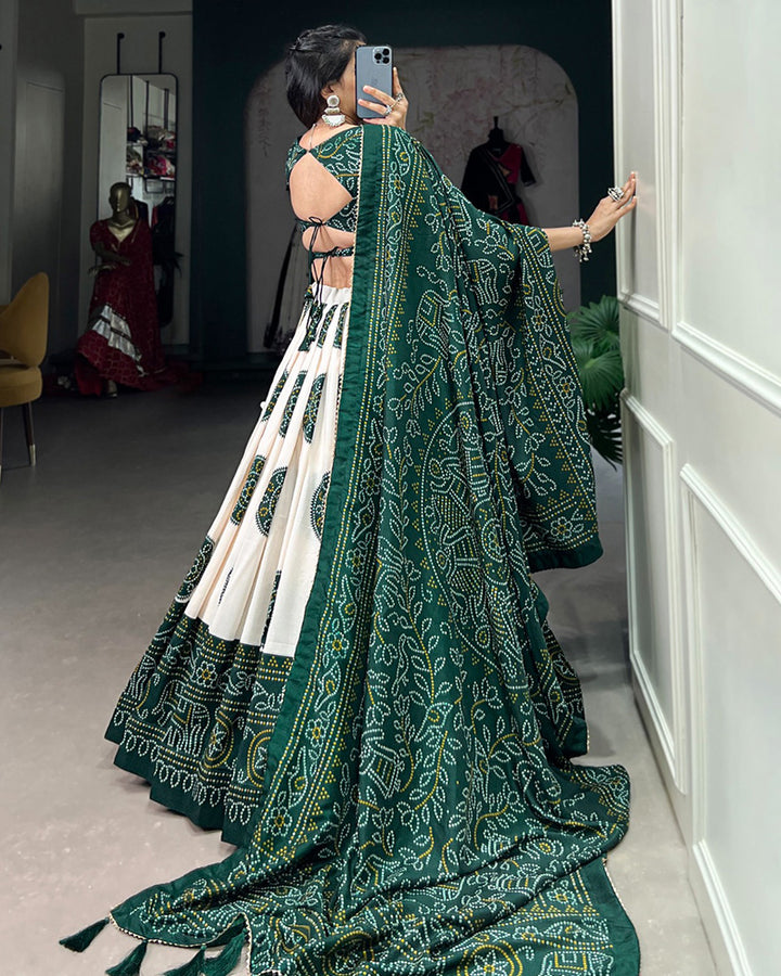 Green Color Tussar Silk Bandhej Printed Lehenga Choli