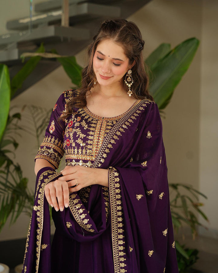 Wine Color Vichitra Silk Embroidered Gown