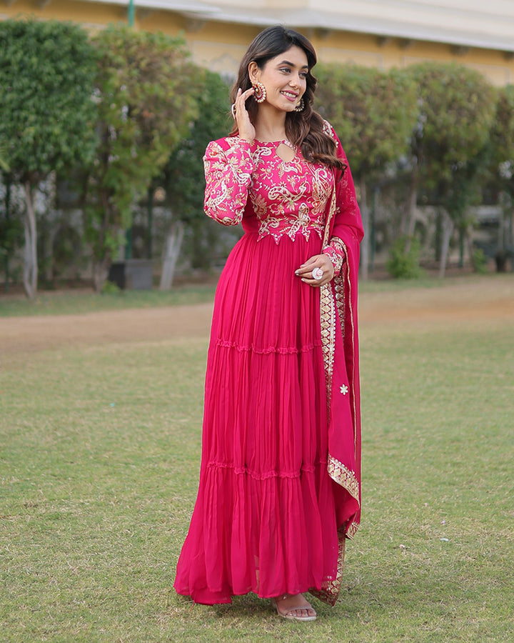 Rani Pink Color Frill Georgette Gown With Dupatta
