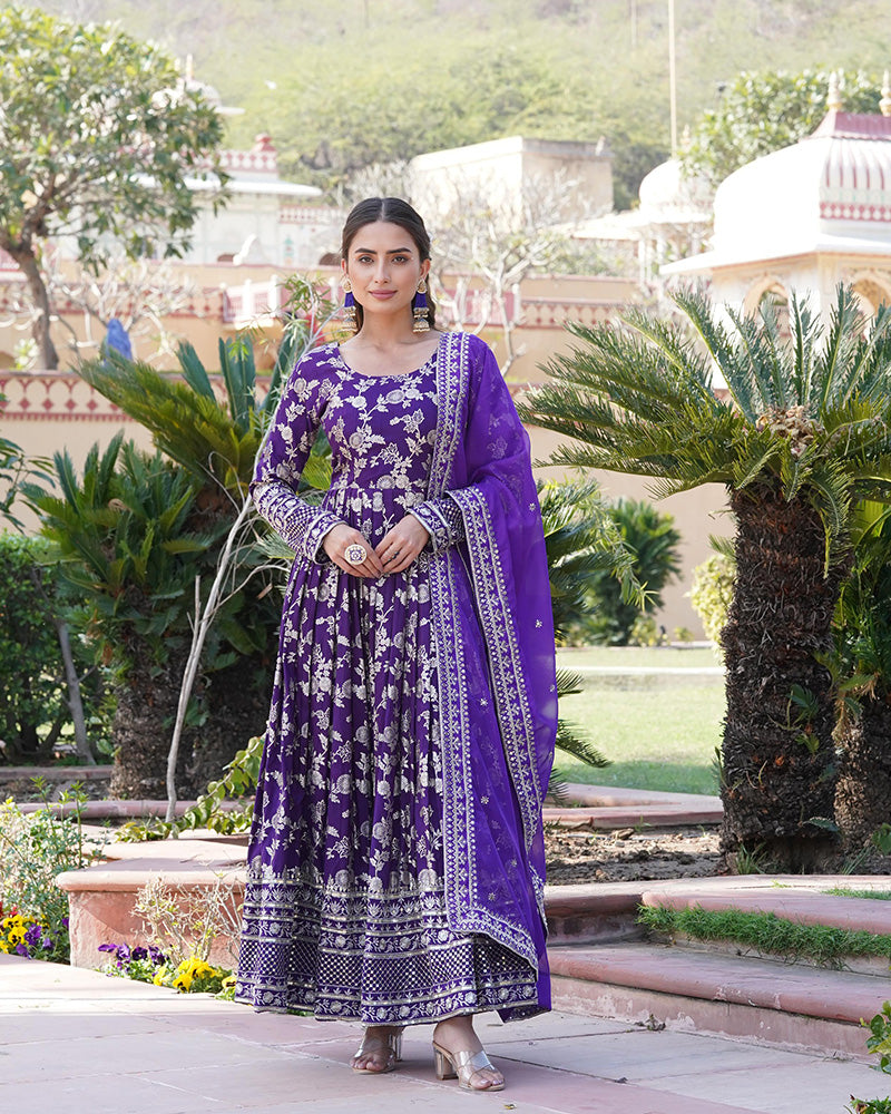 Designer Purple Color Sequence embroidered Viscose Jacquard Gown With Dupatta