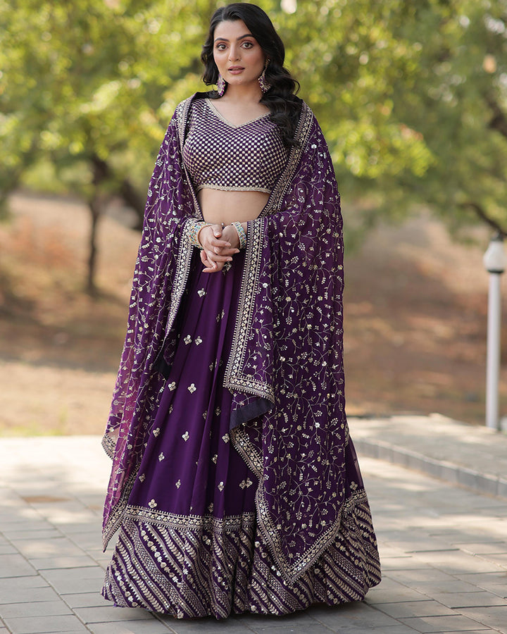 Wedding Wear Dark Purple Color Blooming Lehenga Choli