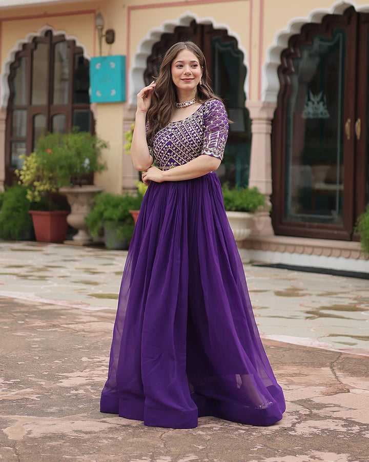 Purple Color Faux Blooming Embroidered Sequence Gown