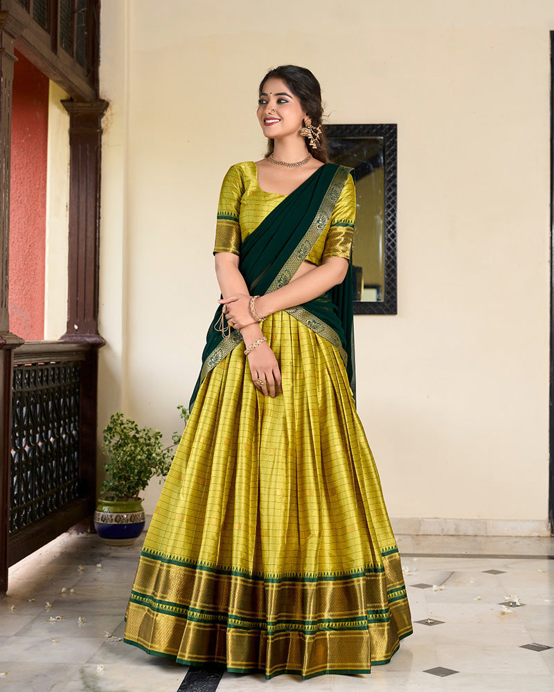 Parrot Green Color Cotton Silk Designer Half Saree