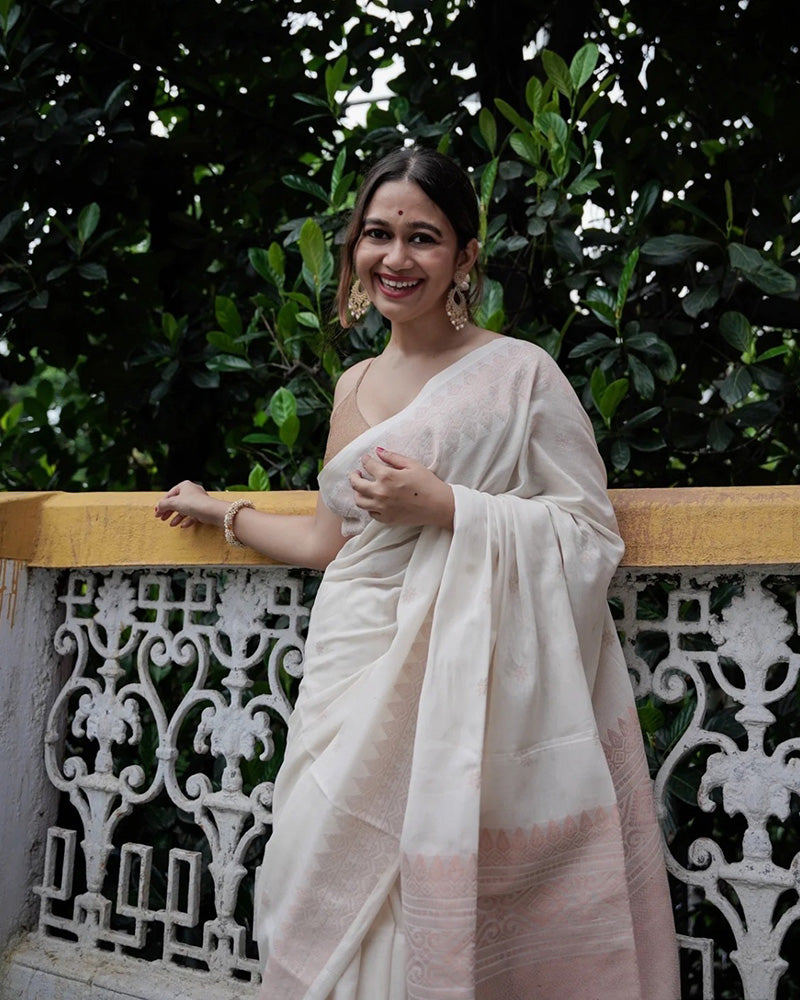 White Color Banarasi Jacquard Soft Silk Saree